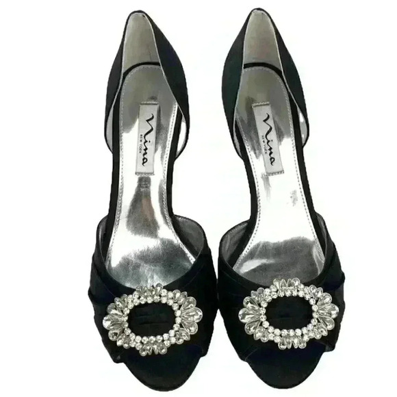 New Nina heels size 7 W 37 black satin gem peep toe formal mother of the bride - Picture 12 of 12